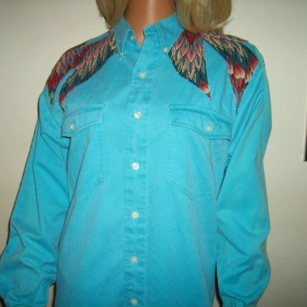 Vintage Western Shirt Womens S Tall Greatland Apparel Turquoise Custom Applique